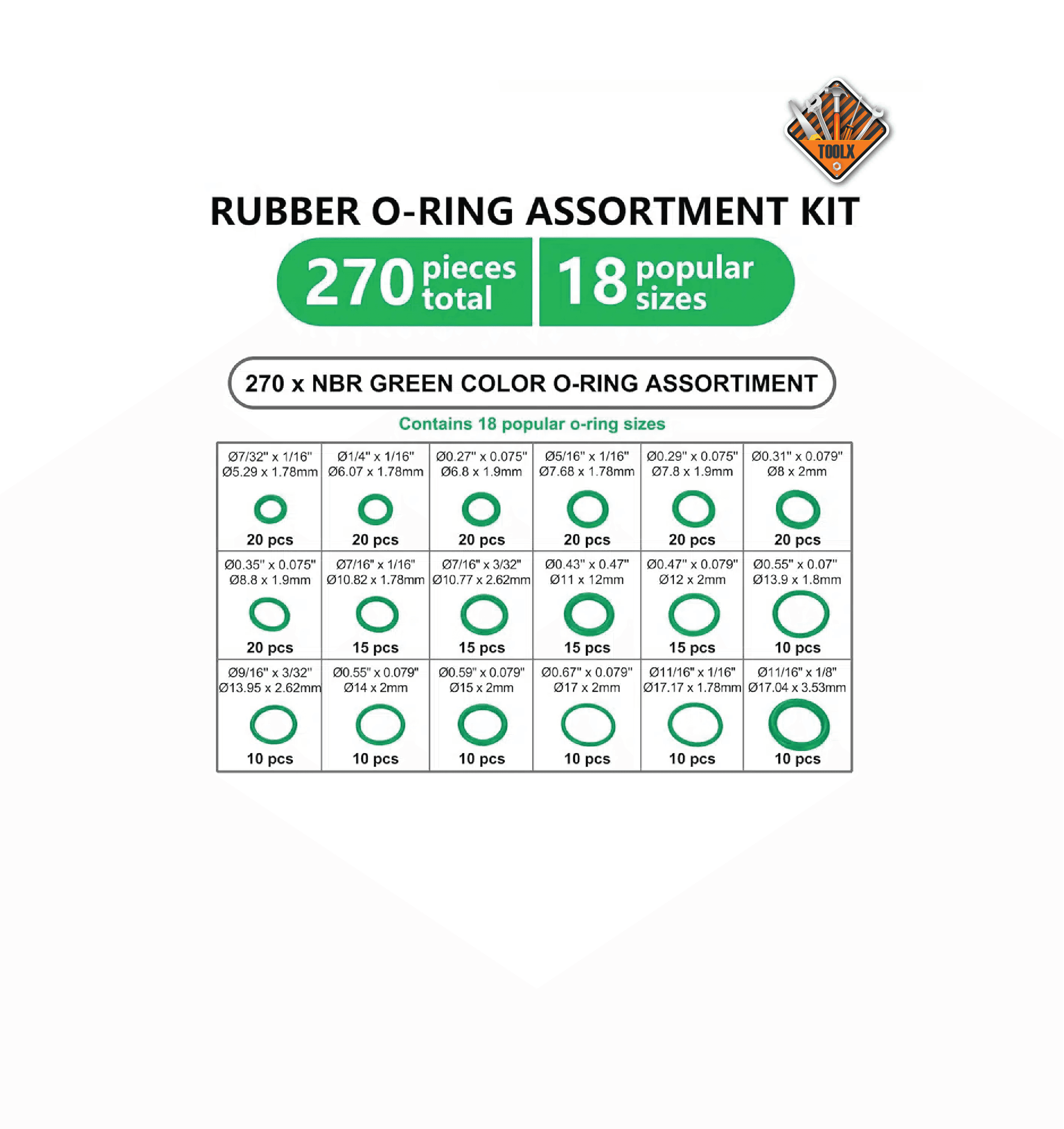 Boîte De joint Torique d’étanchéité vert 270Pcs