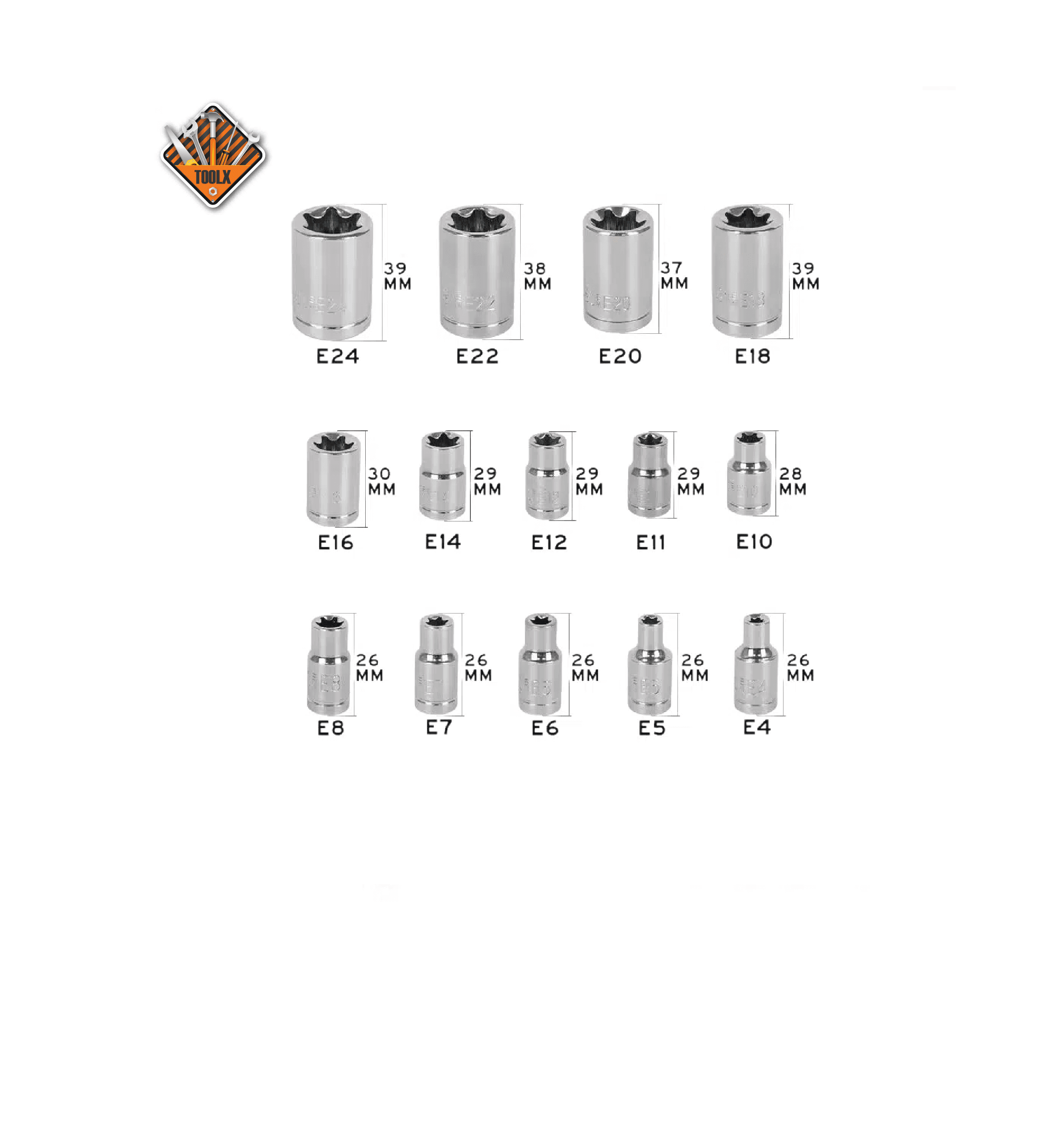Jeu de douilles Torx 14 pcs, profil E, jeu de clés à douille Torx externes E4-E24, douilles carrées 1/4, 3/8, 1/2 pouce