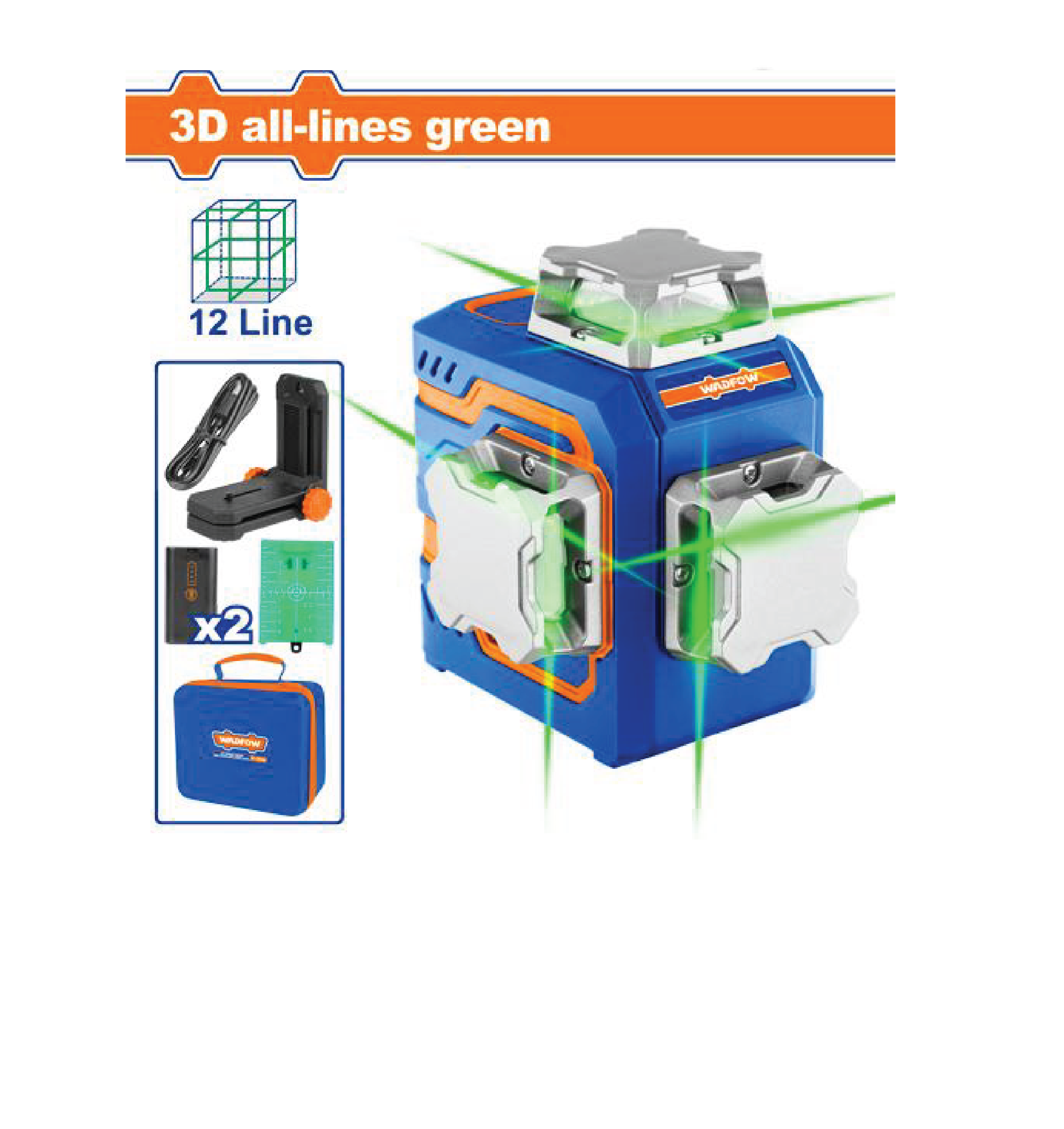 Niveau laser à nivellement vertical et horizontal 3D à 12 lignes faisceaux laser verts WADFOW WLE2M12