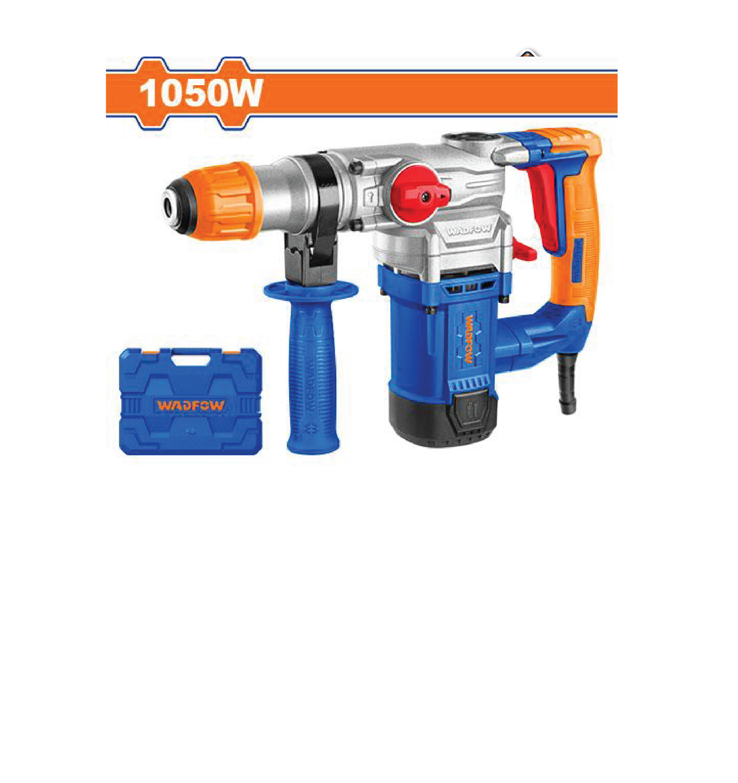 Marteau rotatif 1050W, vitesse de 1100 tr/min, énergie d'impact 4.5J, avec système SDS plus et étui de transport WADFOW WRH2D26