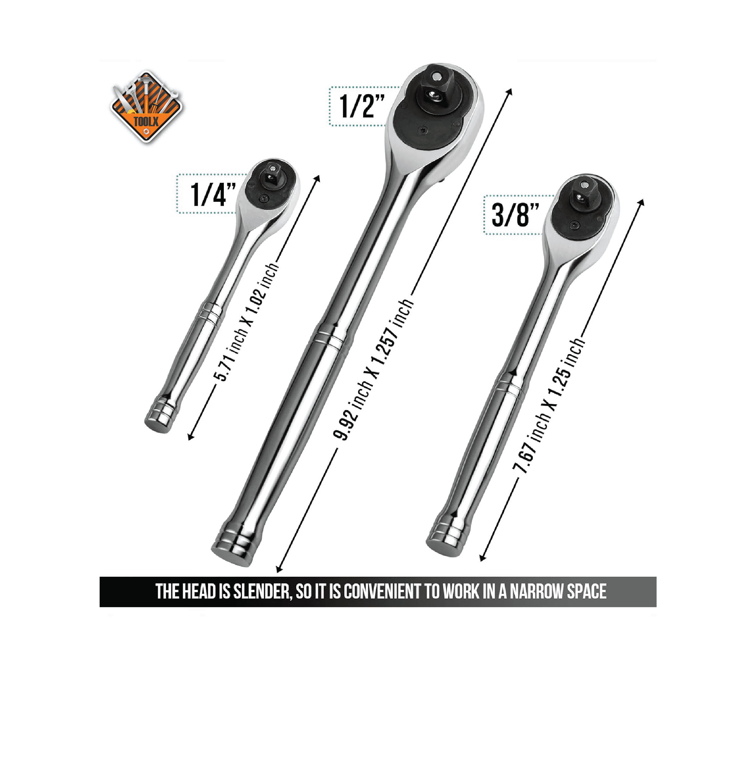 jeux de bras cliquet 1/4″-3/8″-1/2″chrome 3PCS