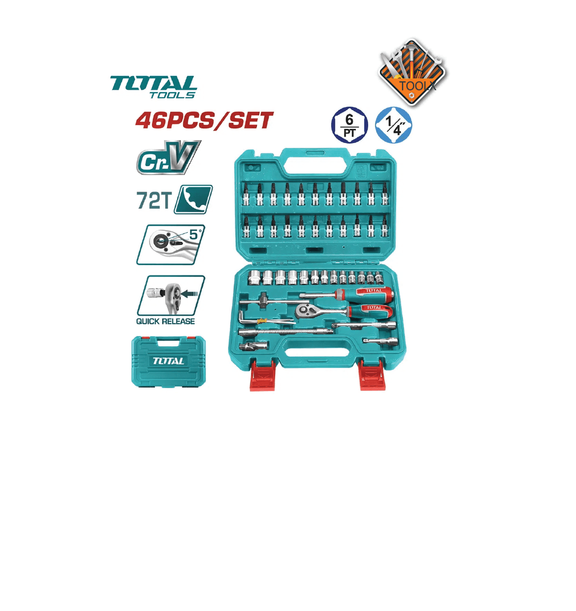 Caisse à Outils en CR-V 1/4″ 46Pcs TOTAL THT141462